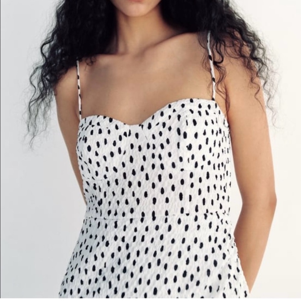 Zara Polka Dot MINI Dress Size S, Black Dots on White - Picture 2 of 5